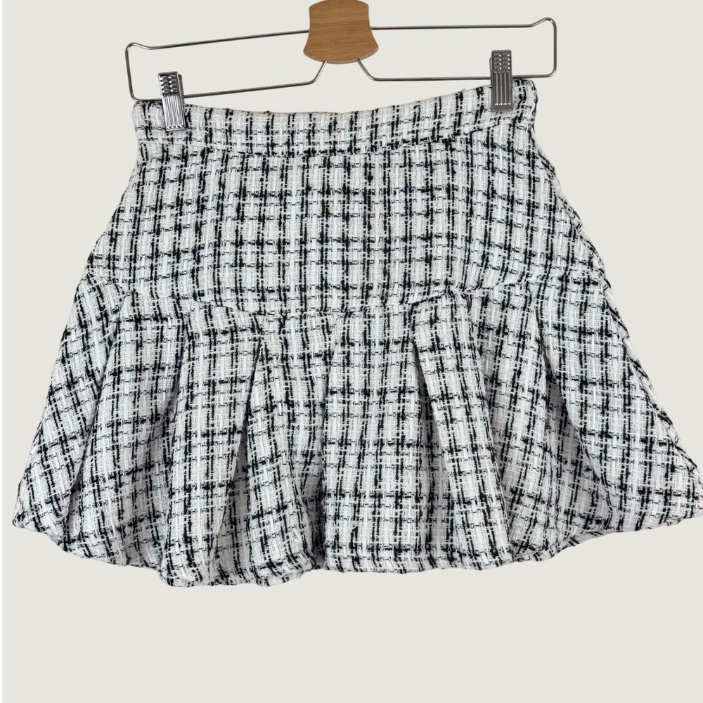 Kendall + Kylie Womens Black White Plaid Tweed Pleated Mini Skirt Medium Preppy